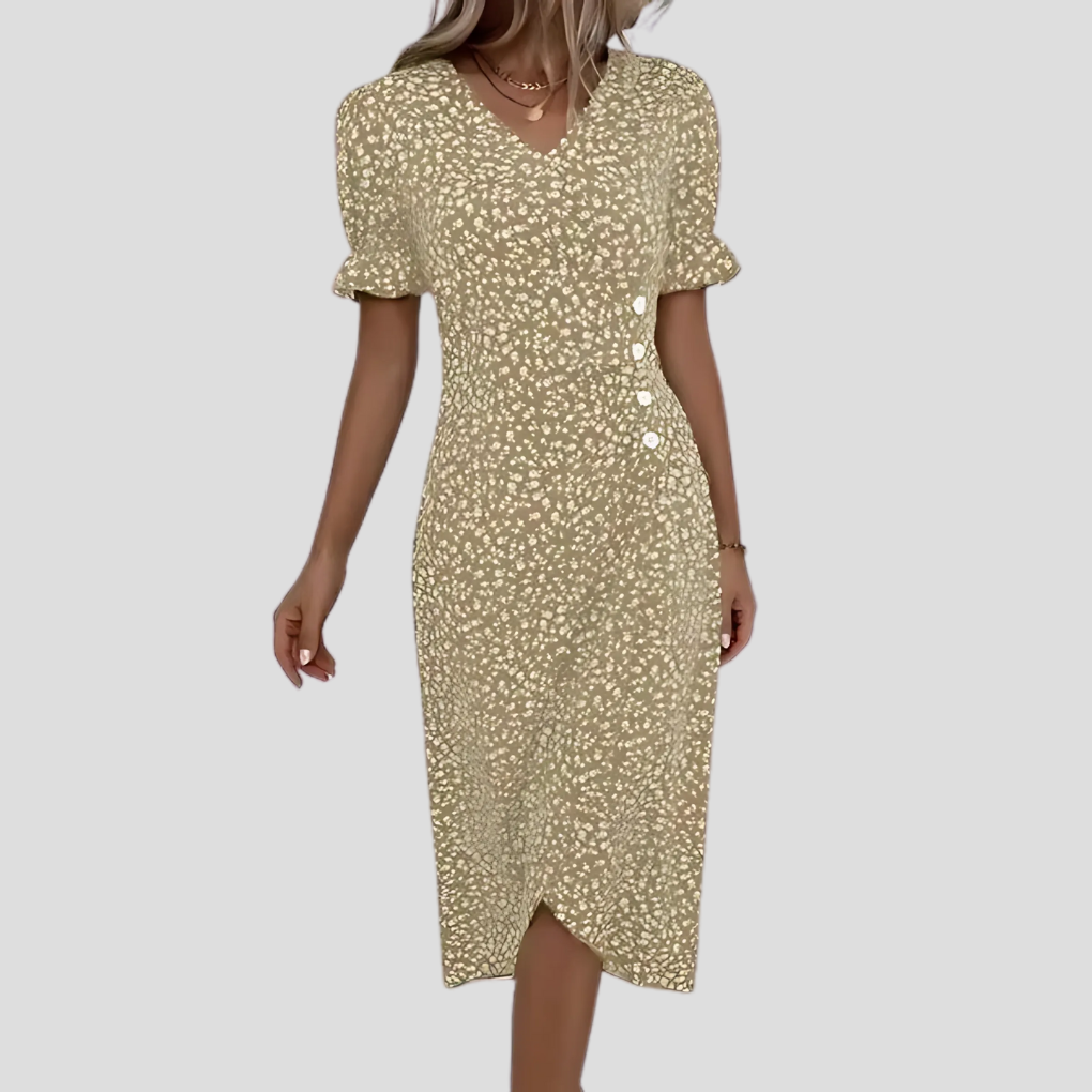 Beautiful women's floral midi dress, elegant V-neck, puff sleeves. Perfect for summer, spring, or garden parties.