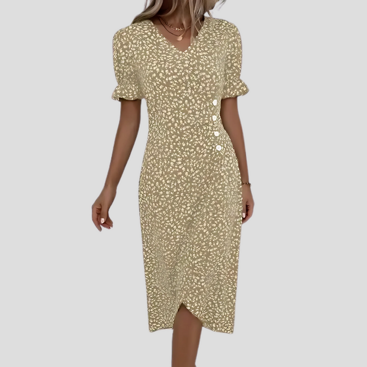 Beautiful women's floral midi dress, elegant V-neck, puff sleeves. Perfect for summer, spring, or garden parties.