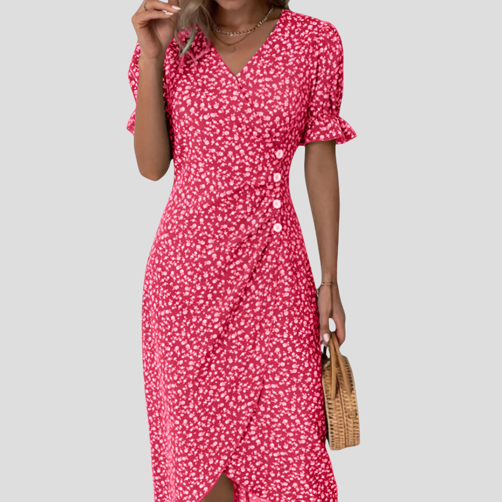 Flowy A-line floral midi dress for women, V-neck & puff sleeves. A must-have elegant summer or spring fashion piece.