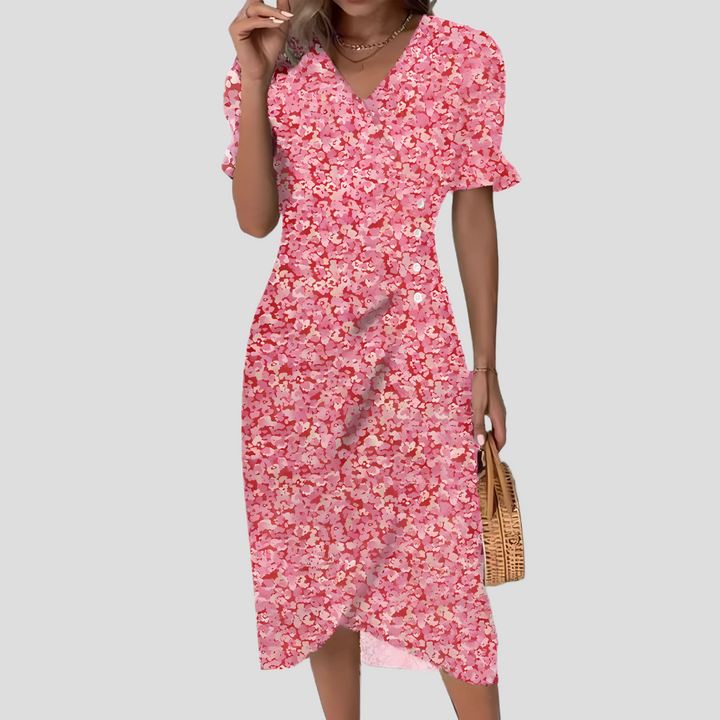 New women's elegant floral midi dress, V-neck, puff sleeve, A-line. Perfect casual or party dress for spring/summer.