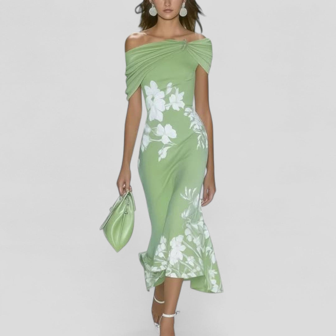 Elegant women's floral off-shoulder midi dress with bodycon fit & trumpet hem, perfect for summer parties.