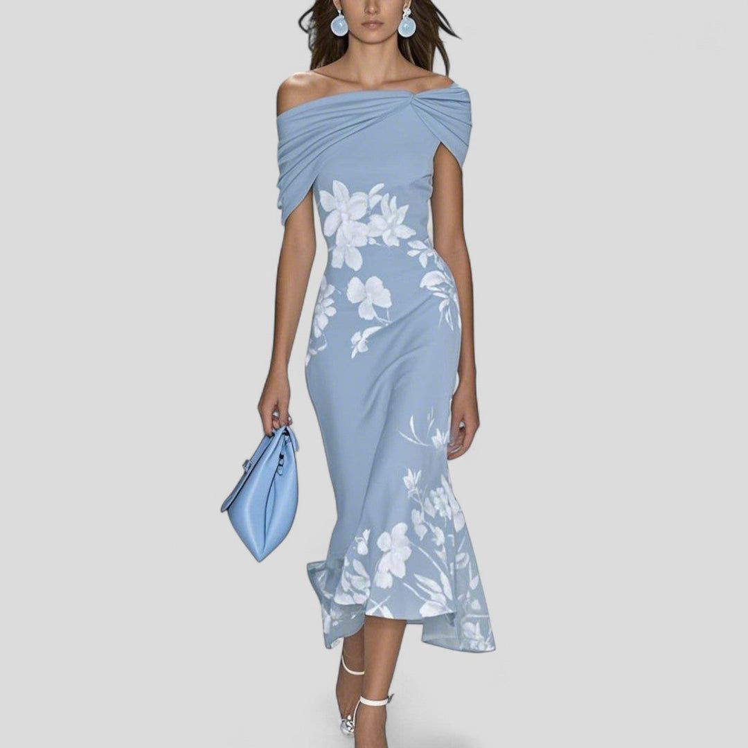Feminine floral off-shoulder midi dress for women, an elegant party or occasion wear with a stylish trumpet hem.