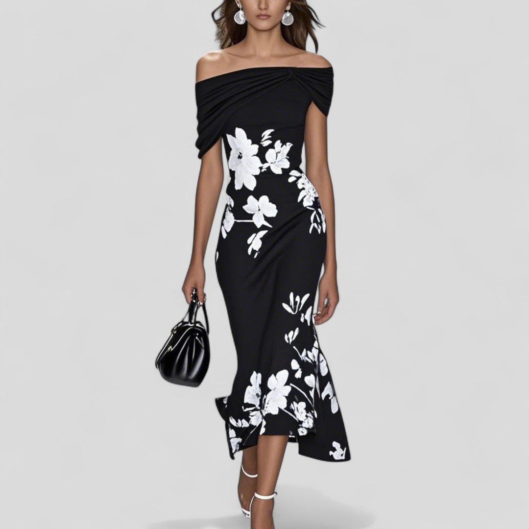 Women's vibrant floral off-shoulder bodycon midi dress featuring a chic trumpet hem, ideal for elegant summer events.
