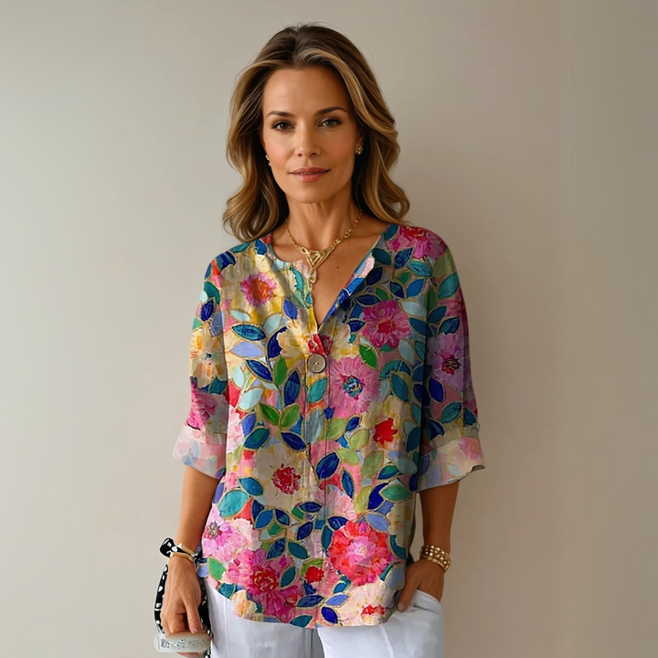 Elegant women's floral print 3/4 sleeve button-down blouse, perfect for spring & summer casual style.