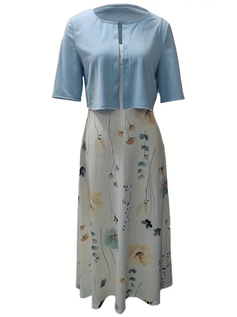 Women's versatile elegant floral two-piece set, featuring a crop top & flowing skirt. Perfect for summer casual or dressy.