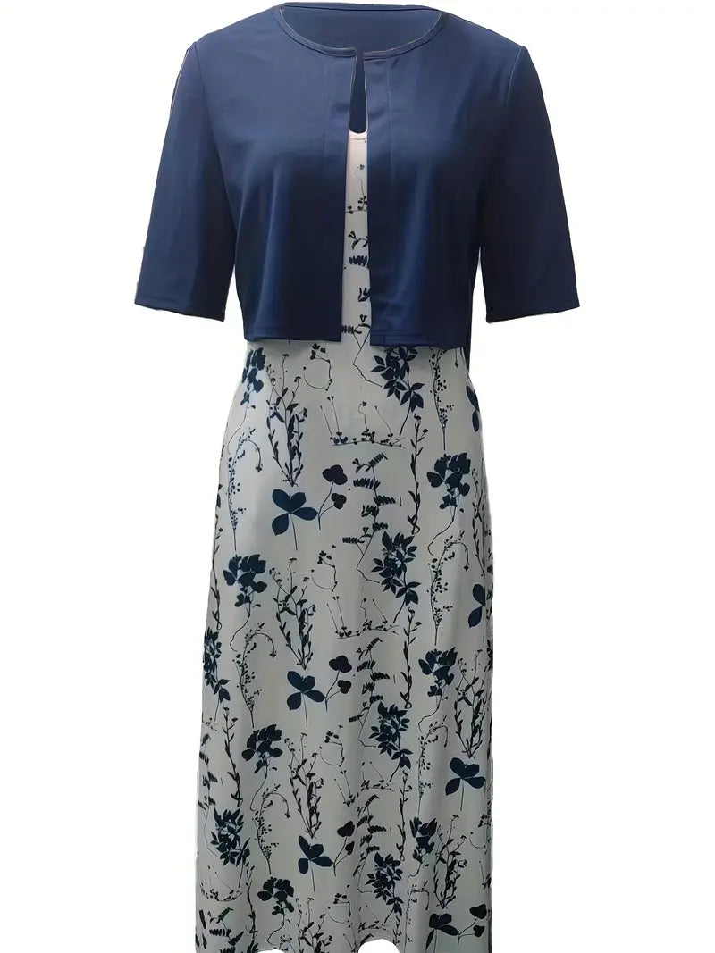 Modern women's floral two-piece outfit. Elegant summer crop top dress set, suitable for casual wear or special events.