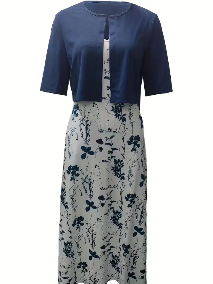 Modern women's floral two-piece outfit. Elegant summer crop top dress set, suitable for casual wear or special events.