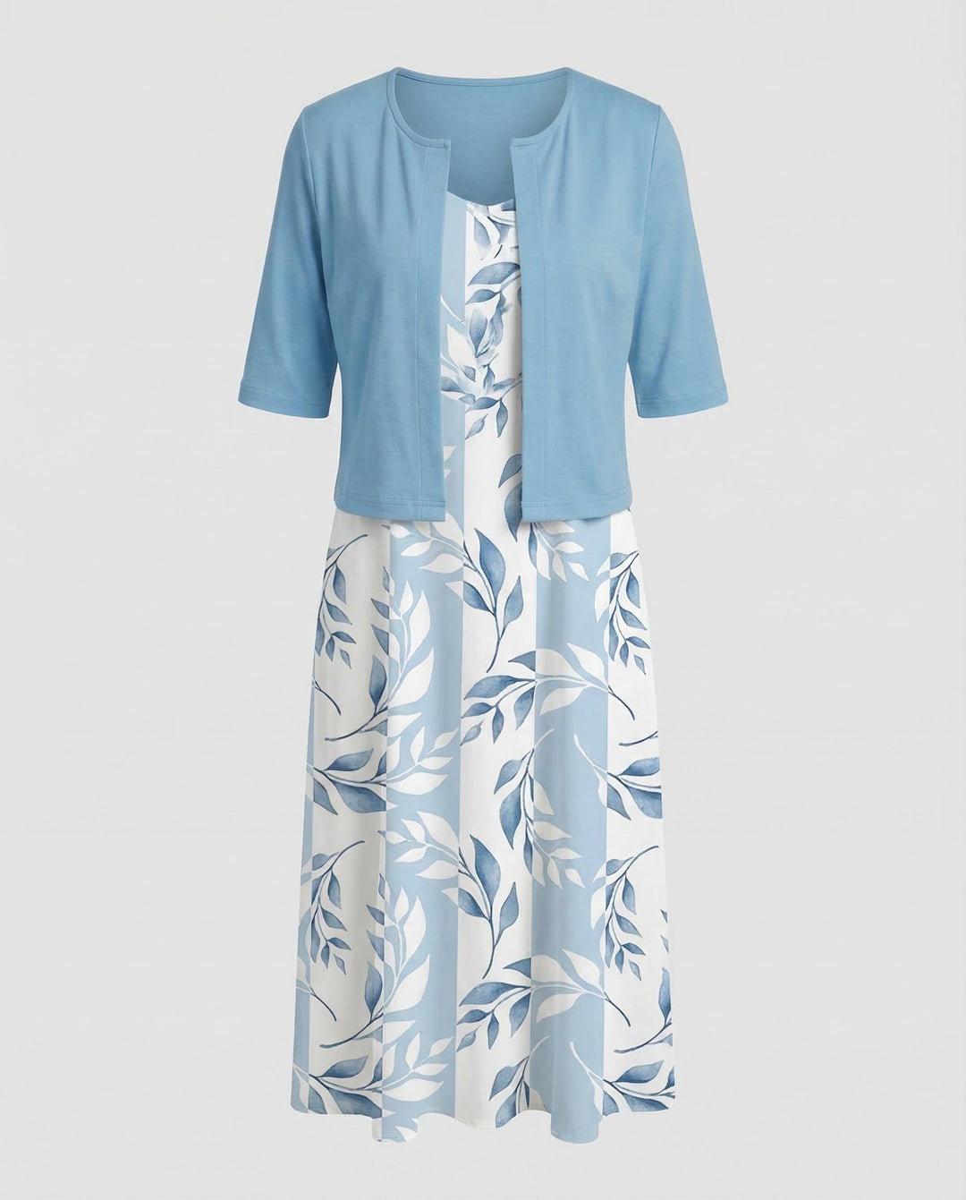 Round neck women's floral crop top & matching elegant skirt. Two-piece summer dress set for casual & special occasions.