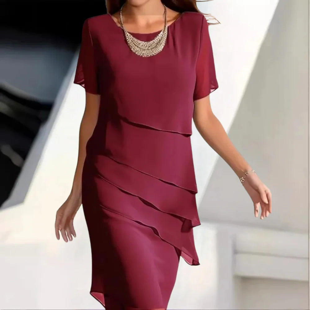 Comfortable women's flowy midi dress, an elegant & versatile short sleeve design. Perfect for spring/summer fashion.
