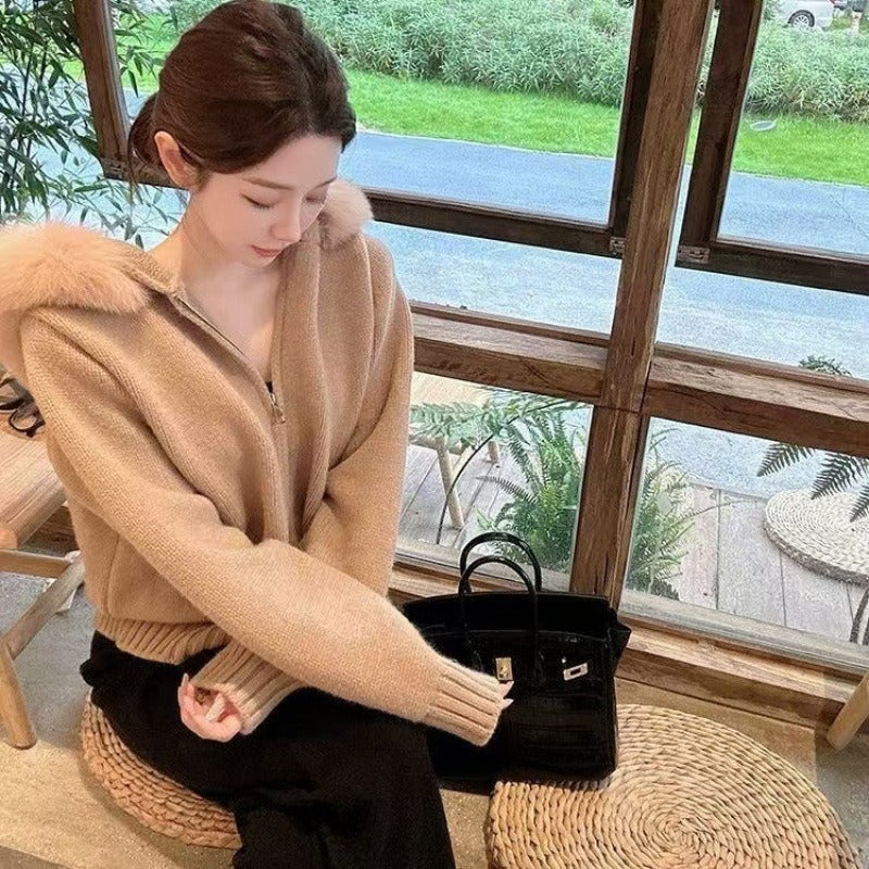 Trendy women's elegant hooded jacket featuring stylish fur trim. Ideal chic outerwear for winter fashion.