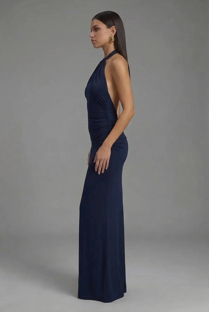 Women's elegant halter neck backless ruched maxi dress. Ideal formal gown for wedding guests & evening parties.