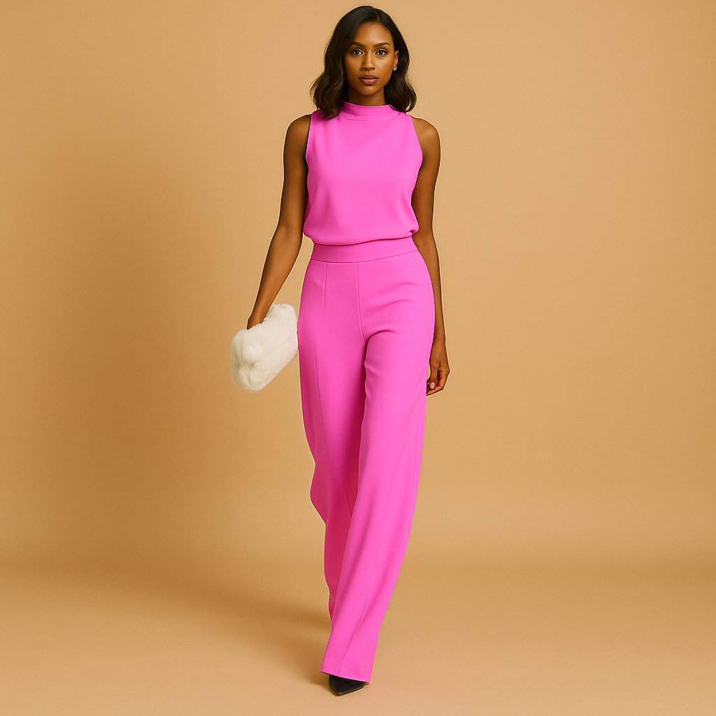 Chic women's halter neck jumpsuit with wide legs & sleeveless design, versatile for casual fashion or party wear.