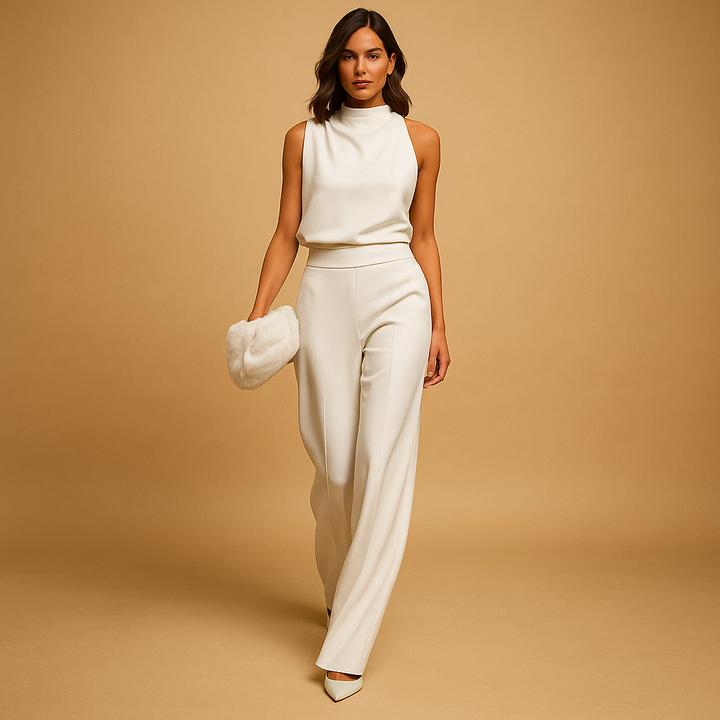 Stylish women's evening jumpsuit with a halter neck, wide legs, and sleeveless design for a fashionable party look.