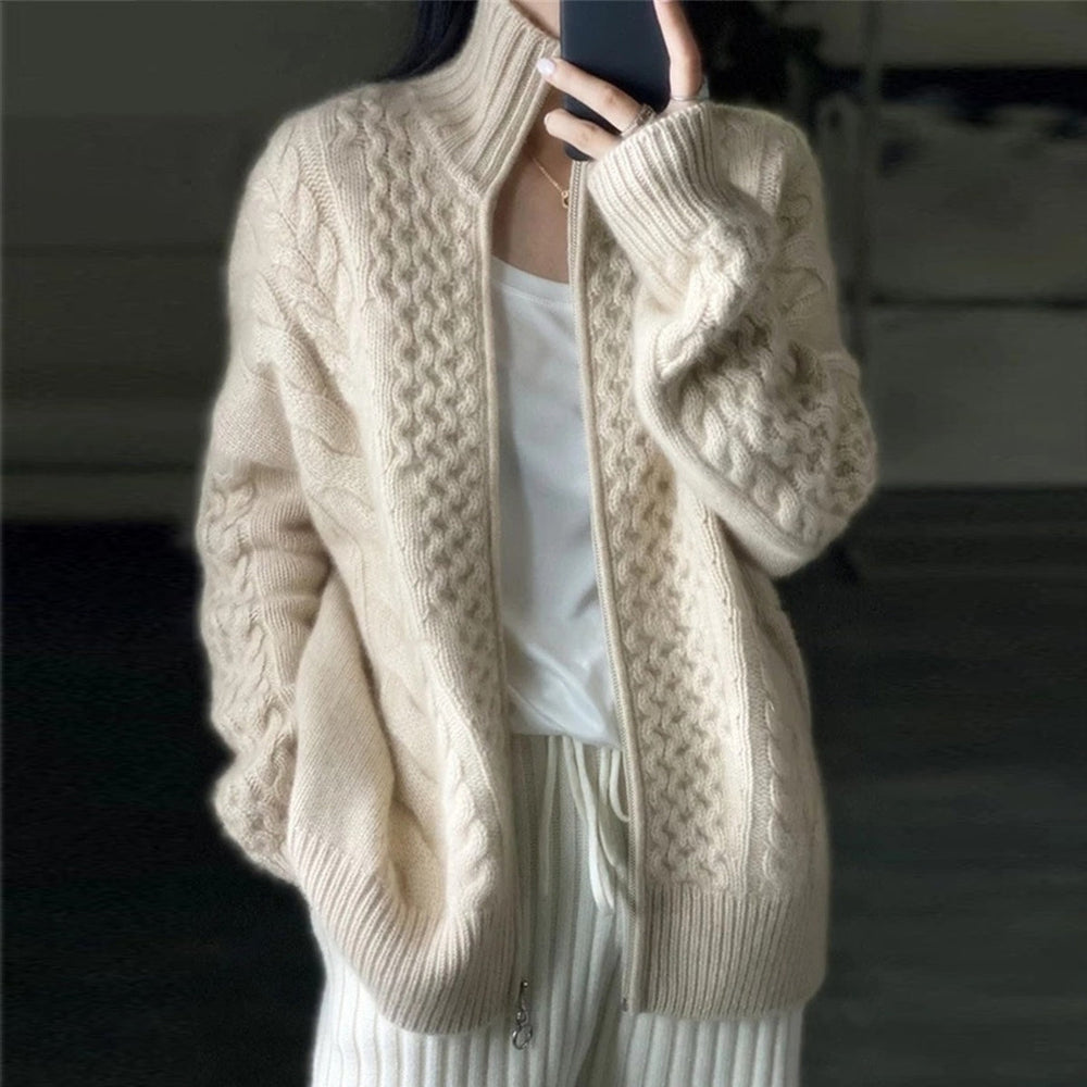 Elegant women's high neck cardigan sweater, loose fit for layering. Cozy knitwear, versatile for fall, spring, casual or office.