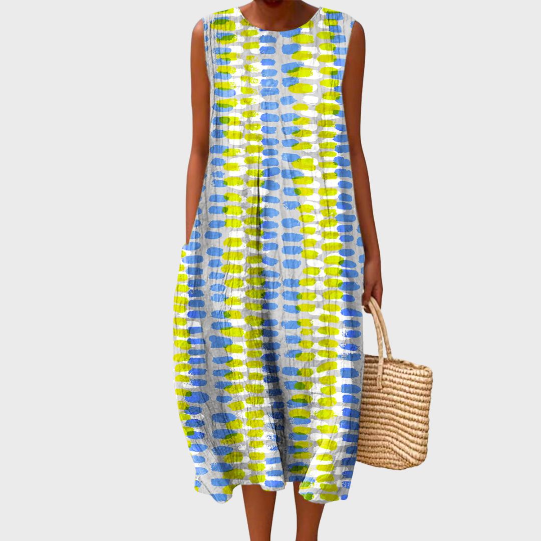 Flowy, comfortable women's knee-length dress, modest & elegant for versatile spring and summer occasions.
