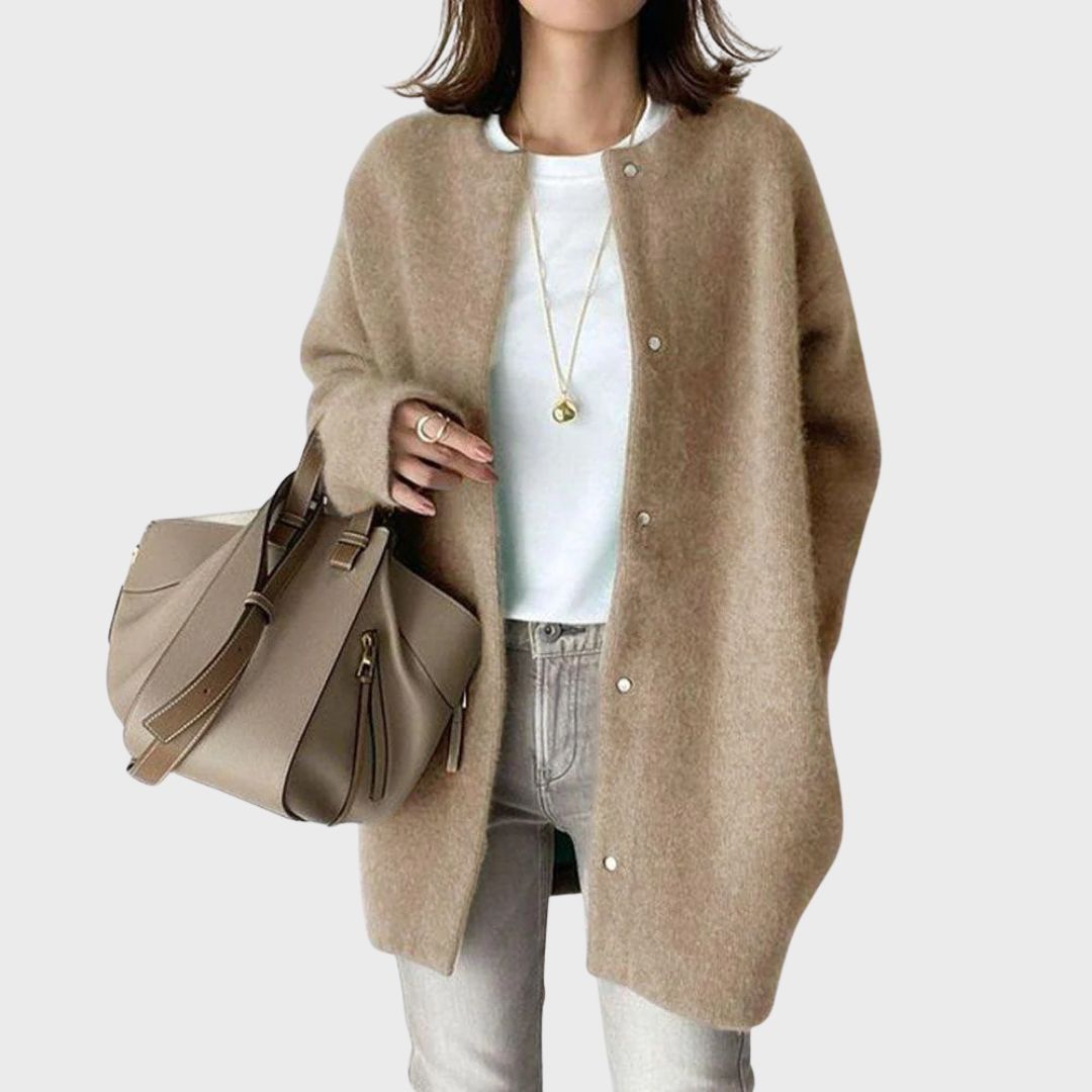 Elegant women's knit cardigan, a versatile and comfortable long sleeve sweater for sophisticated everyday wear.