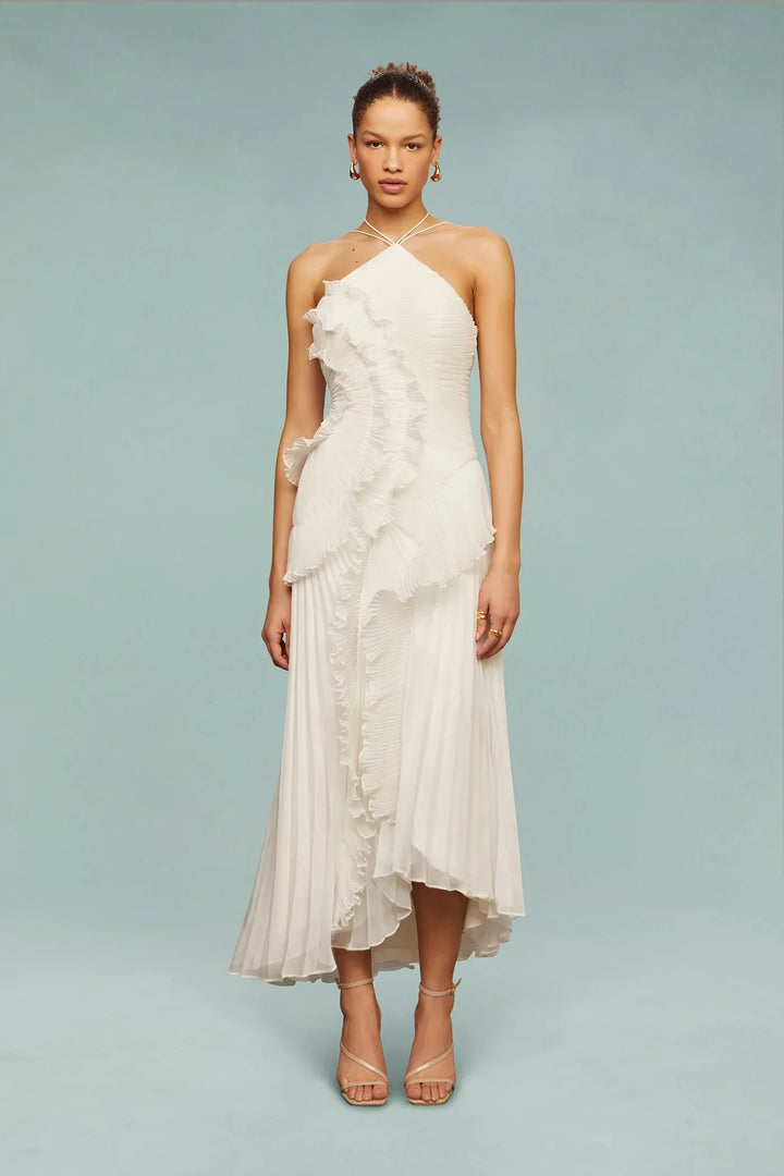Lavender elegant women's maxi dress with a graceful ruffle design and stylish halter neckline, occasion wear.