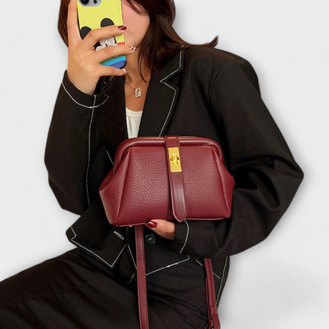 Elegant women's leather mini handbag, a compact fashion piece with a secure, classic turn lock.