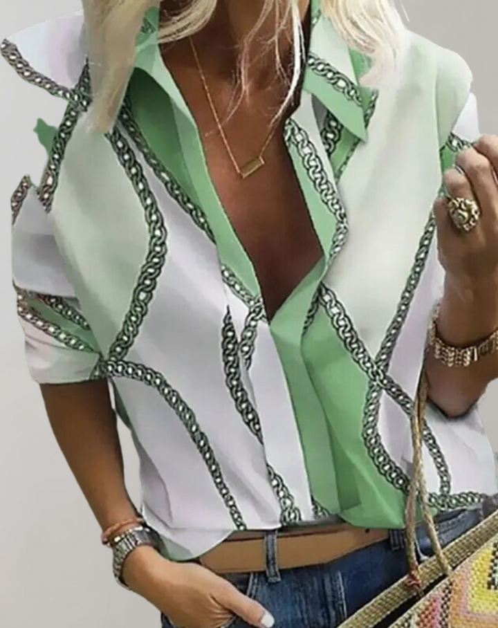 Elegant women's long sleeve blouse with chic gold chain print, perfect for stylish office or casual wear.