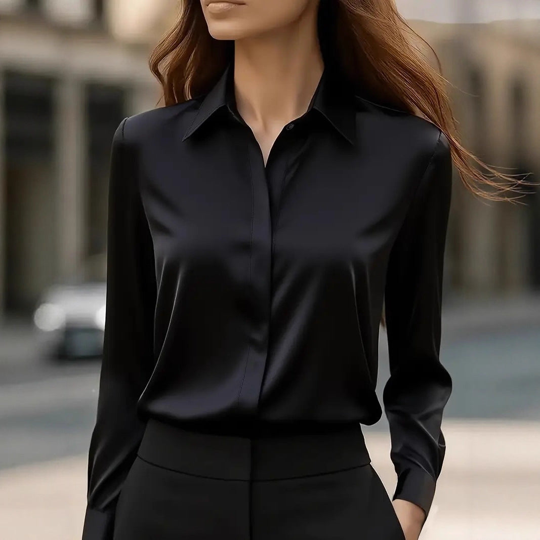 Elegant women's long sleeve button-up blouse, perfect for versatile workwear & casual chic style.