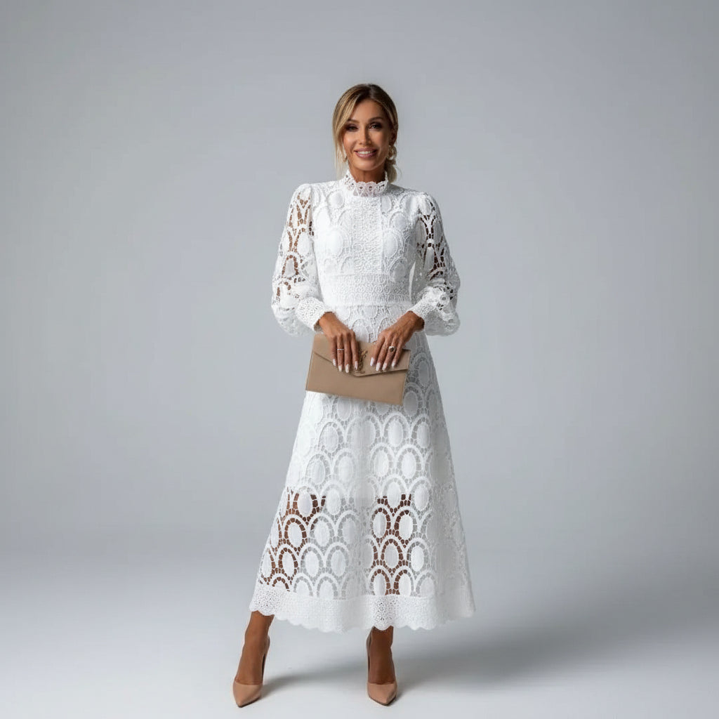 Elegant women's long sleeve lace midi dress with high neck. Perfect formal wedding guest or party dress.