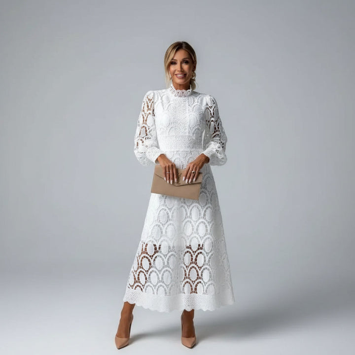 Elegant women's long sleeve lace midi dress with high neck. Perfect formal wedding guest or party dress.