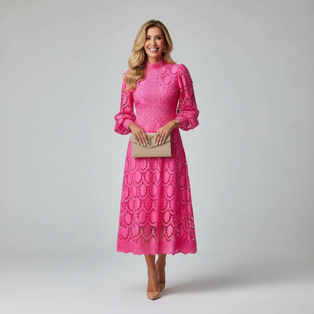 Women's A-line lace midi dress, long sleeve & high neck. Ideal for formal events & special occasions.