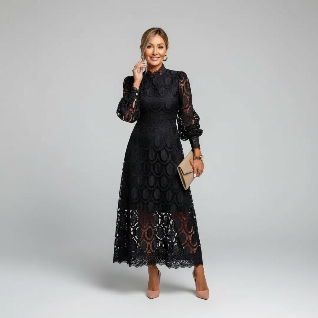High neck, long sleeve lace midi dress for women. Sophisticated and elegant, perfect as a wedding guest or party dress.
