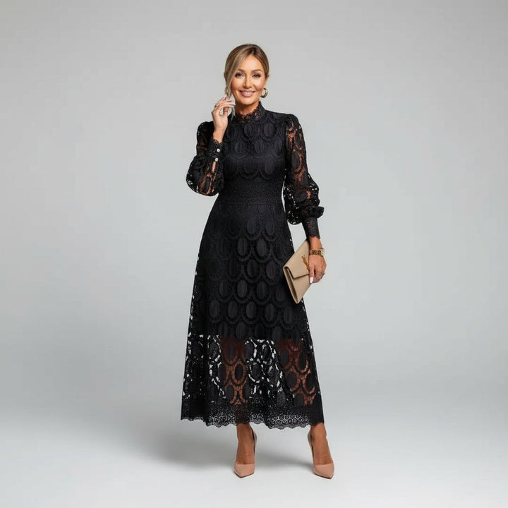 High neck, long sleeve lace midi dress for women. Sophisticated and elegant, perfect as a wedding guest or party dress.