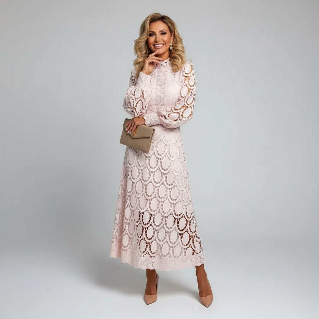 Formal women's lace midi dress with elegant high neck and long sleeves. A chic choice for any special occasion.