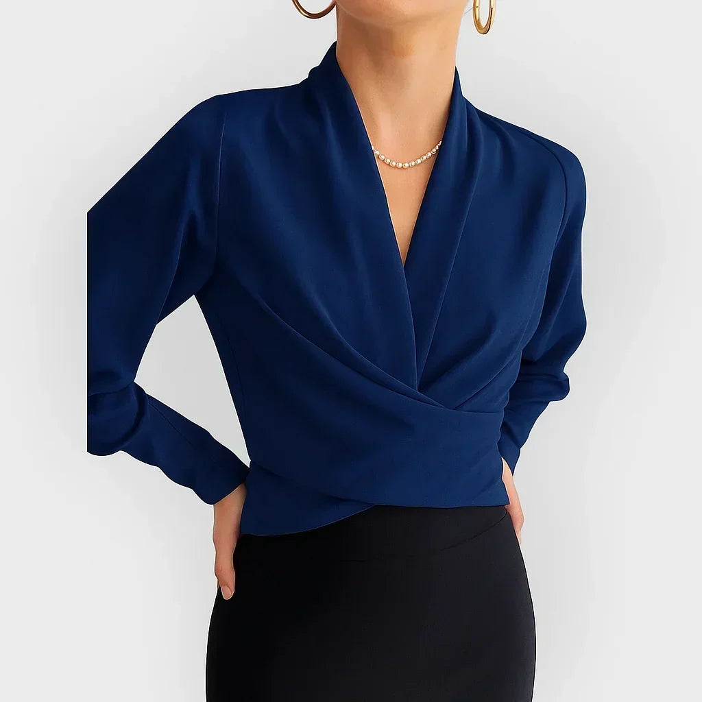 Elegant women's long-sleeve wrap blouse, perfect for office wear or a casual chic look.