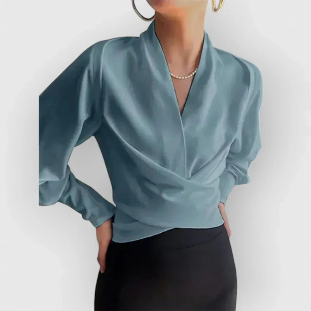 Stylish women's wrap top with long sleeves, ideal for work, business, or elegant casual outfits.