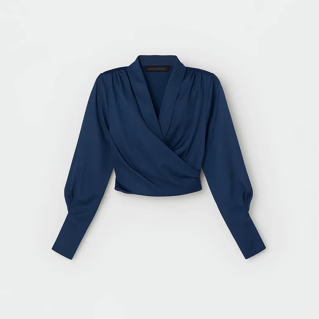Chic women's wrap-front blouse, a sophisticated long-sleeve top for professional office attire or everyday elegance.