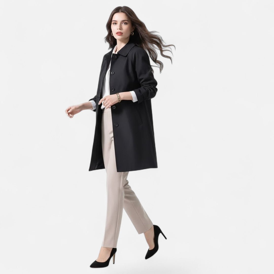 Classic beige women's mid-length trench coat with belt & double-breasted detail, versatile spring outerwear.