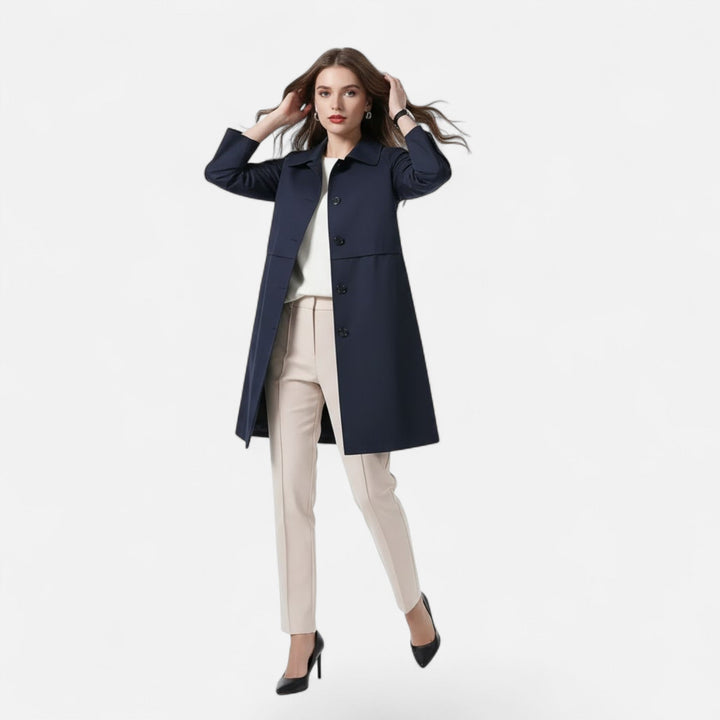 Women's classic mid-length trench coat, versatile outerwear with stylish buttons, ideal for elegant spring fashion.