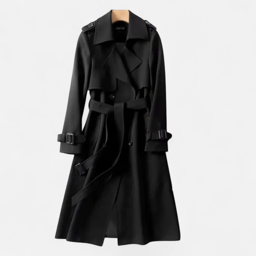 Elegant women's mid-length trench coat with a stylish tie-waist, perfect for sophisticated outerwear.