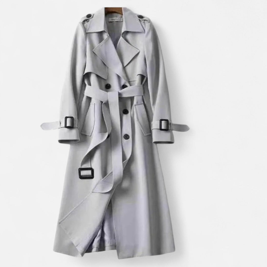 Elegant women's fashion coat: mid-length trench with a flattering tie-waist. Perfect versatile outerwear.