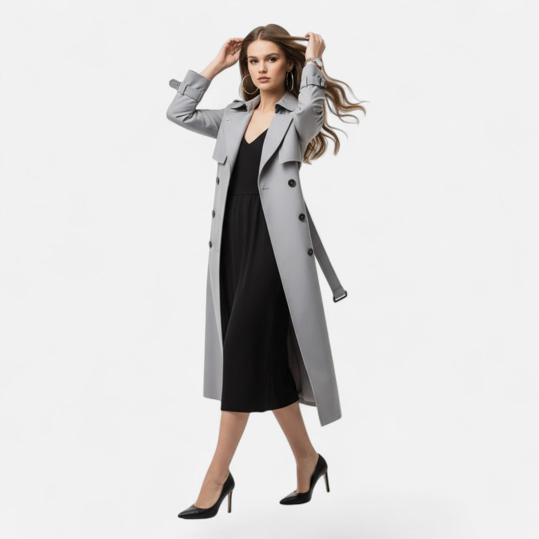 Women's elegant mid-length trench coat. Timeless fashion with a stylish tie-waist for versatile looks.