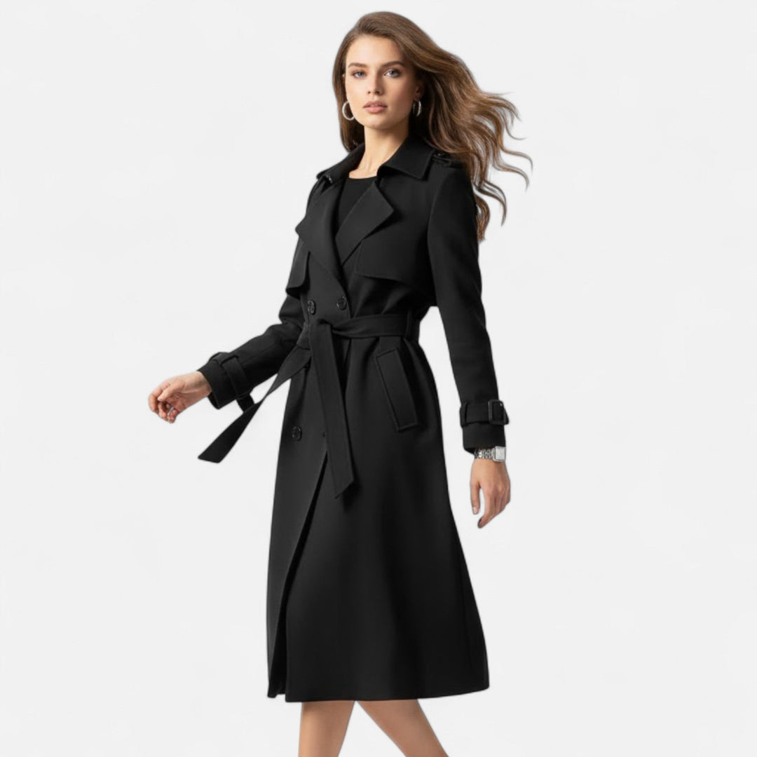 Classic women's mid-length trench coat, featuring a flattering tie-waist. Versatile fashion outerwear.