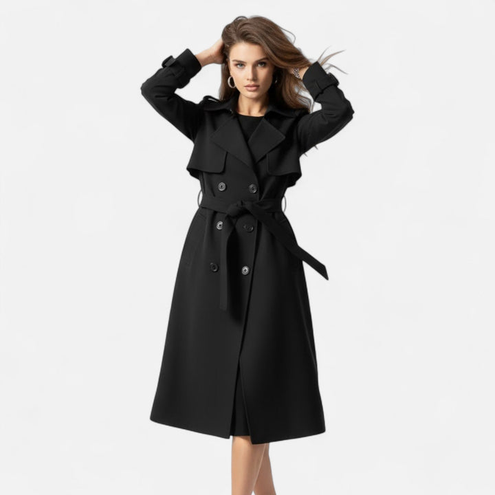 Sophisticated women's elegant trench coat. Mid-length design with a chic tie-waist, ideal for outerwear.