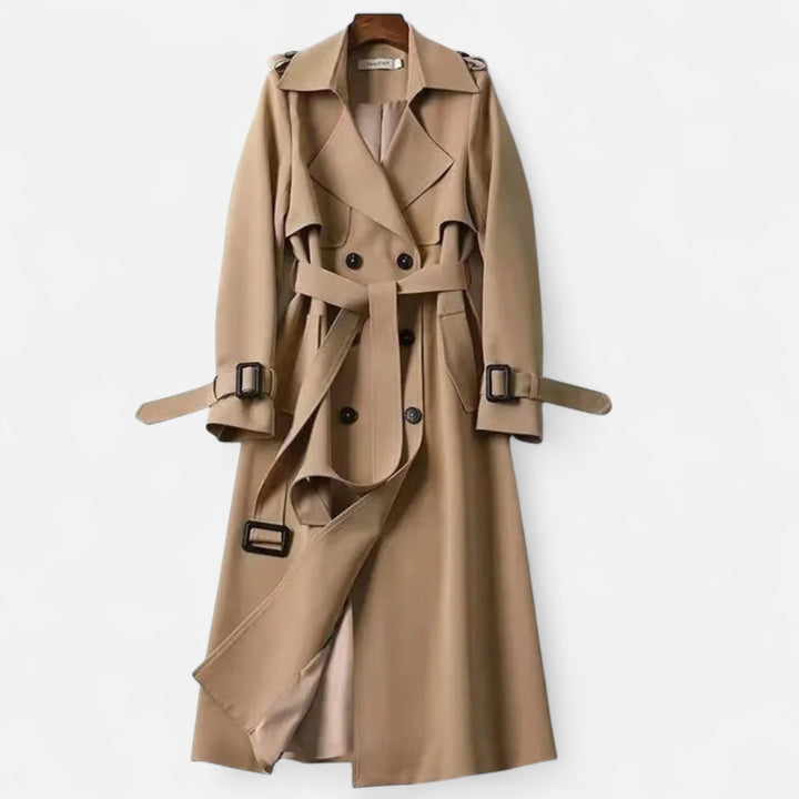 Women's fashion mid-length trench coat. Features a fashionable tie-waist for elegant outerwear styling.