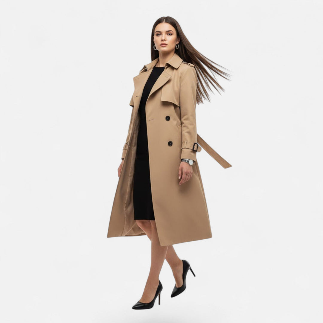 Stylish mid-length trench coat for women. Classic design with a tie-waist, perfect versatile outerwear.