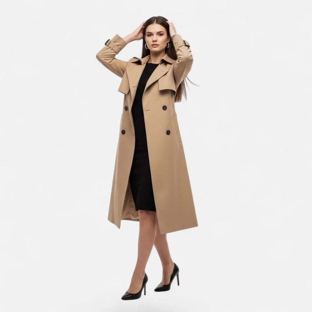 Women's classic tie-waist trench coat, mid-length and elegant. Essential women's outerwear.
