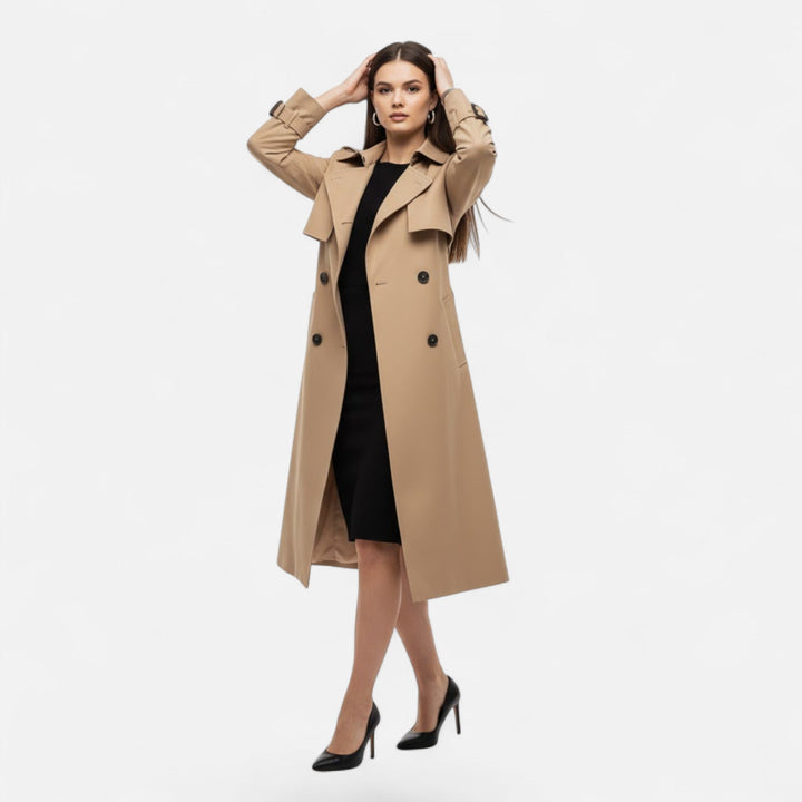 Women's classic tie-waist trench coat, mid-length and elegant. Essential women's outerwear.