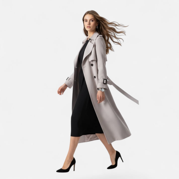 Versatile women's trench coat, mid-length. Sophisticated design with a chic tie-waist detail.