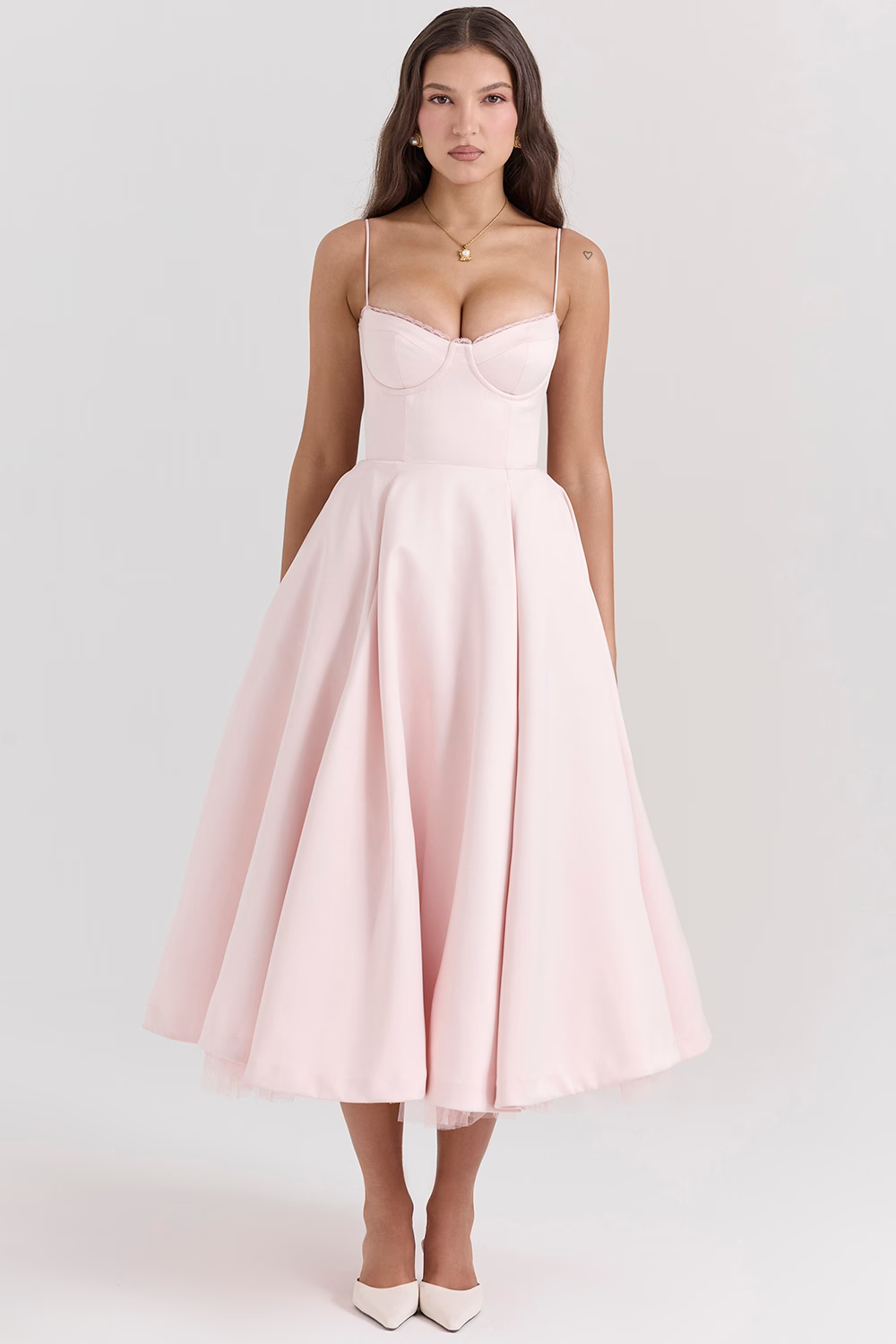 Women's elegant midi cocktail dress, ideal for special occasions, with corset top & pockets.