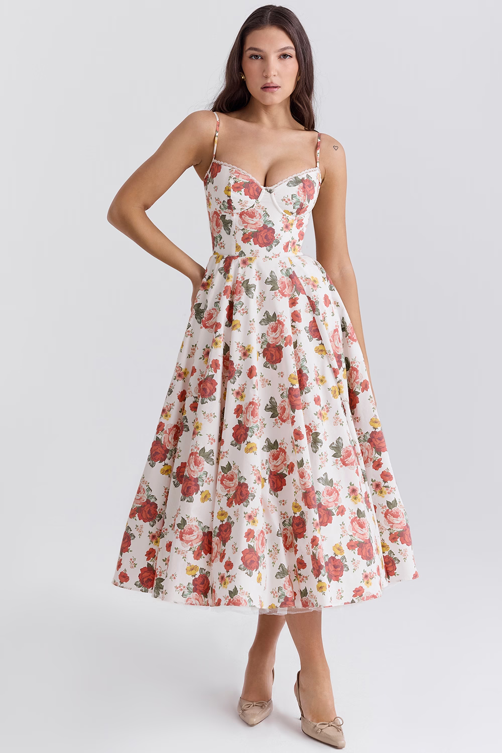 Women's elegant midi dress, versatile for events, with a corset bodice and convenient pockets.