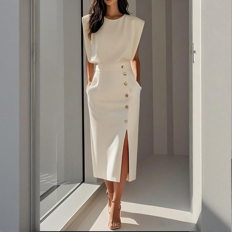 Elegant women's midi dress with tailored fit, side button detail & split hem. Perfect for formal or office wear.
