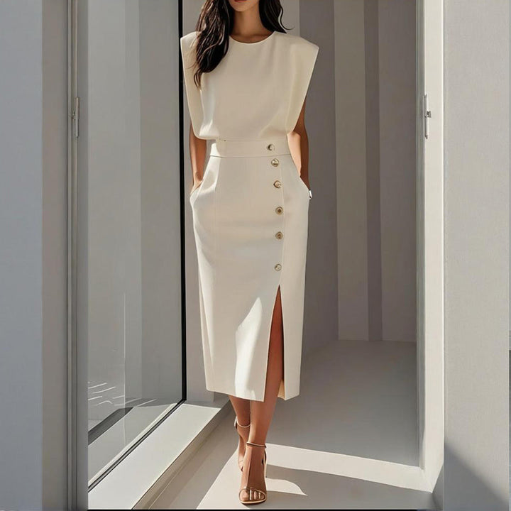 Elegant women's midi dress with tailored fit, side button detail & split hem. Perfect for formal or office wear.