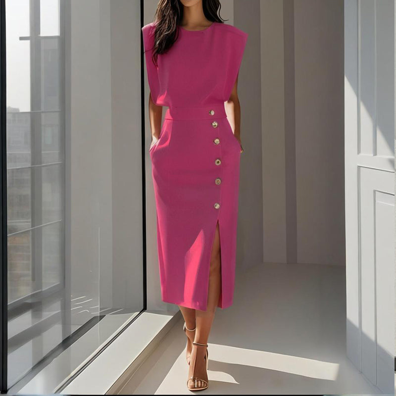 Stylish women's midi dress with sophisticated side button detail, a comfortable tailored fit, and a versatile design.
